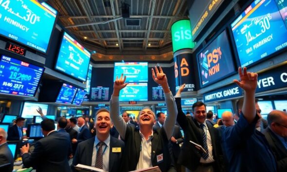 Traders celebrating on a lively stock exchange floor.