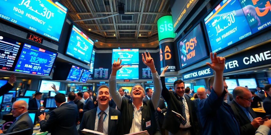 Traders celebrating on a lively stock exchange floor.