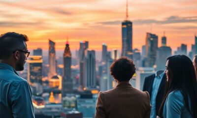 Diverse professionals discussing fintech in a vibrant city.