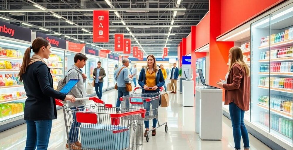 Customers using retail technology in a modern store.