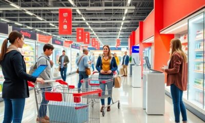 Customers using retail technology in a modern store.