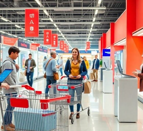 Customers using retail technology in a modern store.