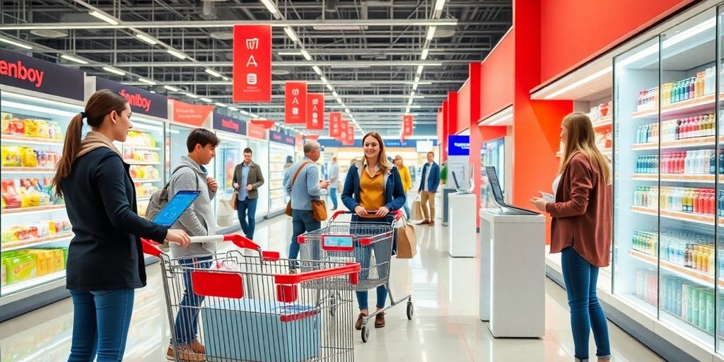 Customers using retail technology in a modern store.