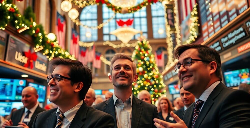 Holiday decorations and people in business attire at market.