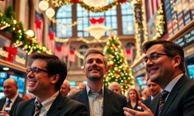 Holiday decorations and people in business attire at market.