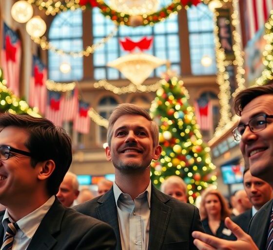 Holiday decorations and people in business attire at market.