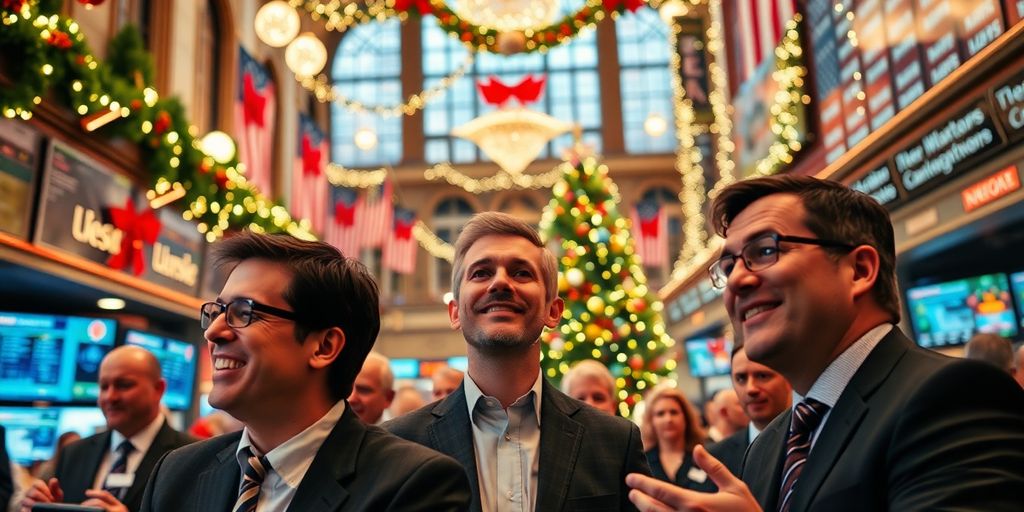 Holiday decorations and people in business attire at market.