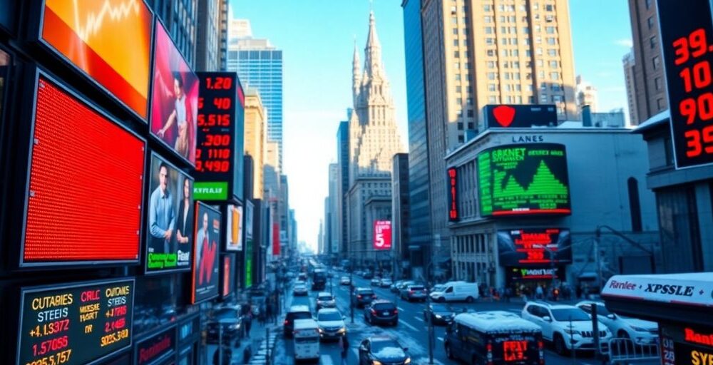 Colorful stock market tickers in motion with winter backdrop.