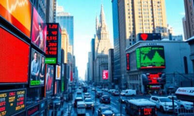 Colorful stock market tickers in motion with winter backdrop.