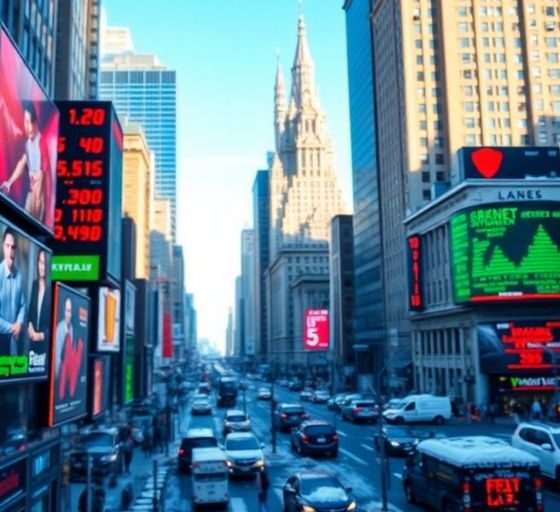 Colorful stock market tickers in motion with winter backdrop.