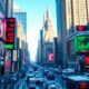 Colorful stock market tickers in motion with winter backdrop.