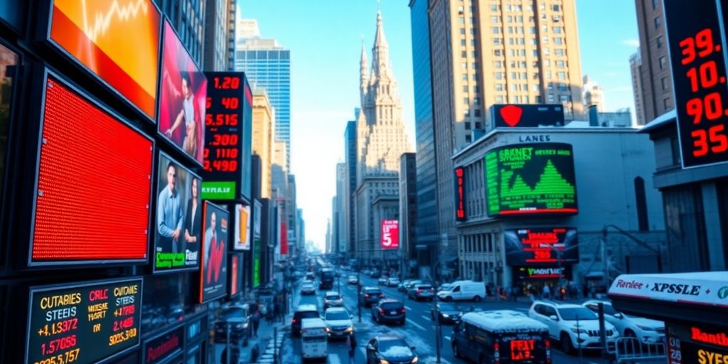 Colorful stock market tickers in motion with winter backdrop.