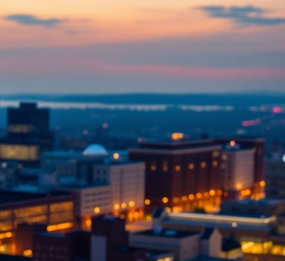 City skyline at dusk with glowing office lights.