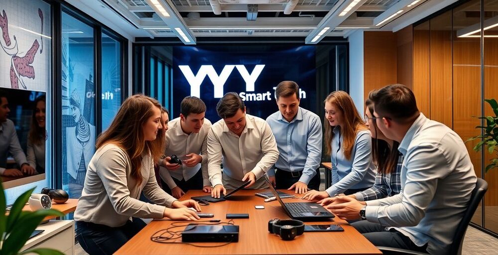 Team working together in a modern tech office.