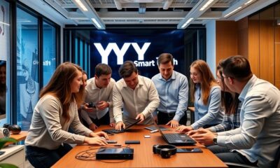 Team working together in a modern tech office.