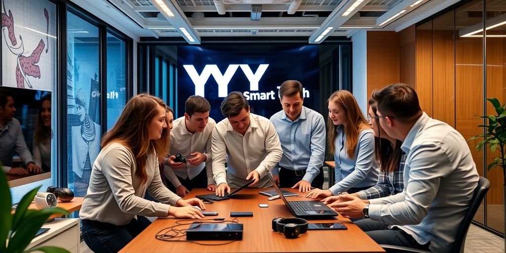 Team working together in a modern tech office.