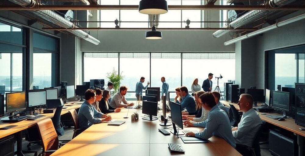 Modern office with diverse team collaborating on technology.