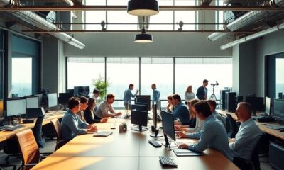 Modern office with diverse team collaborating on technology.