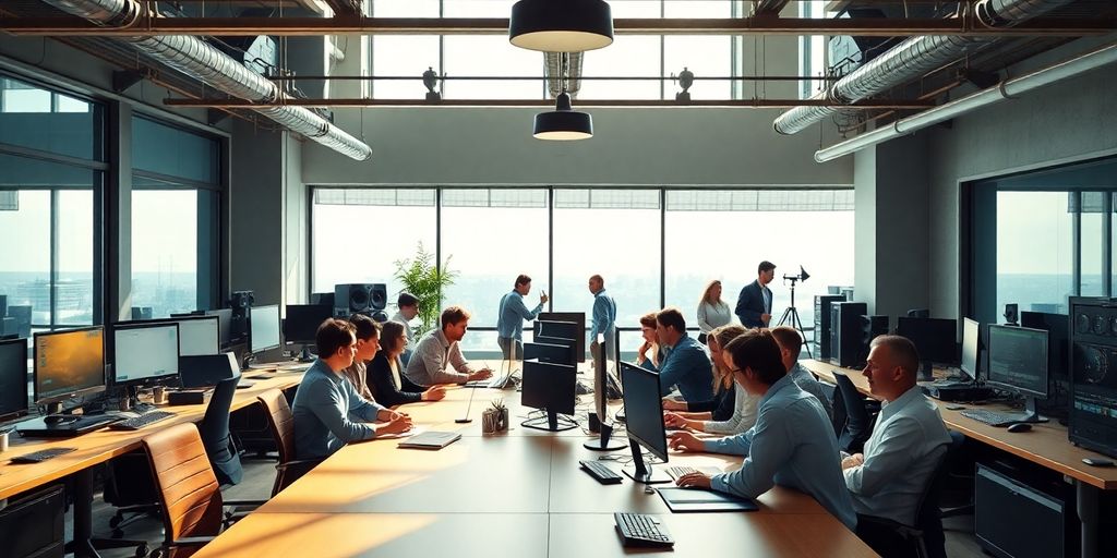 Modern office with diverse team collaborating on technology.