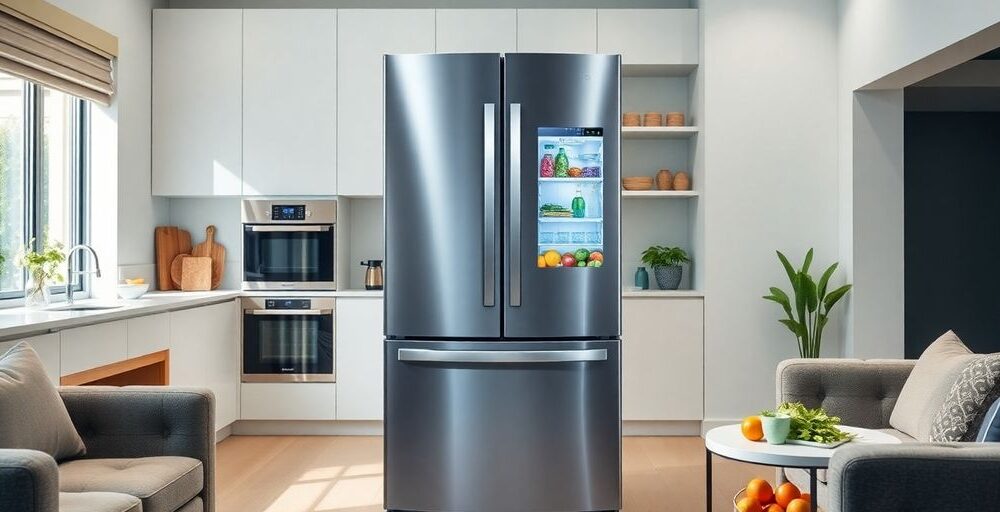 Samsung AI hybrid refrigerator in a modern kitchen.