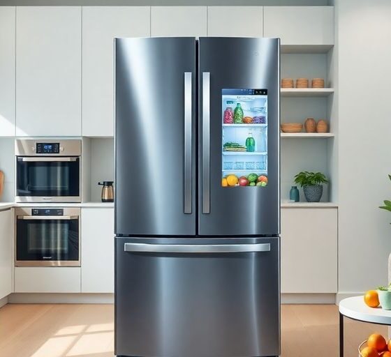 Samsung AI hybrid refrigerator in a modern kitchen.