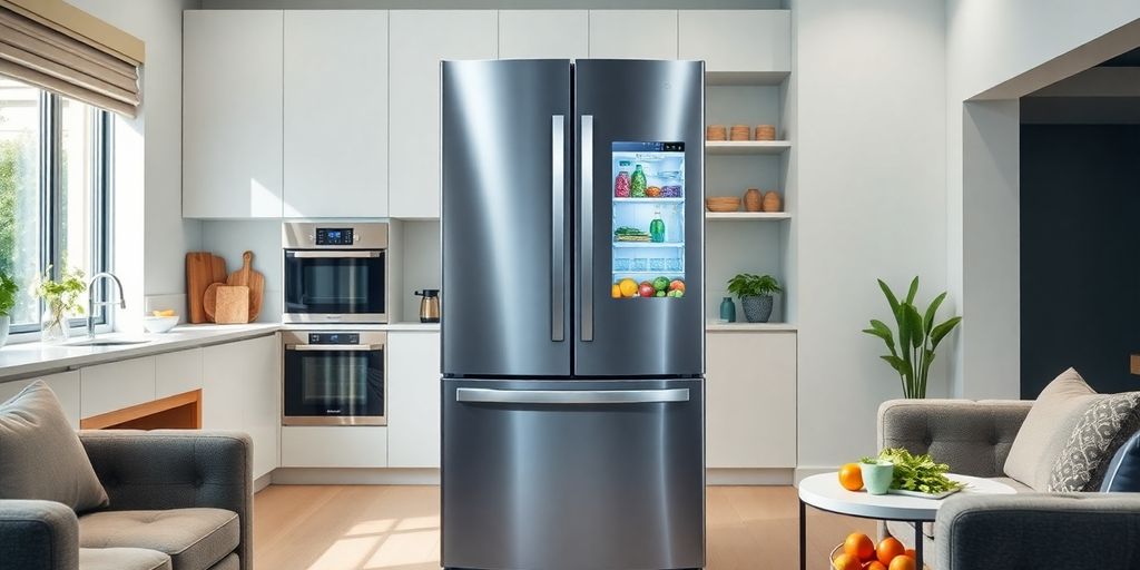 Samsung AI hybrid refrigerator in a modern kitchen.