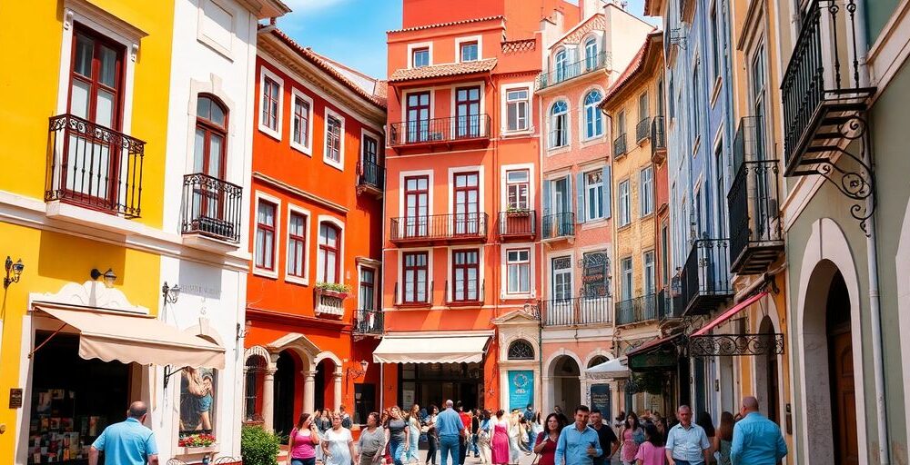 Colorful buildings and lively streets in Lisbon, Portugal.