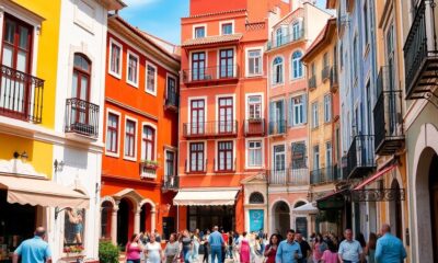 Colorful buildings and lively streets in Lisbon, Portugal.