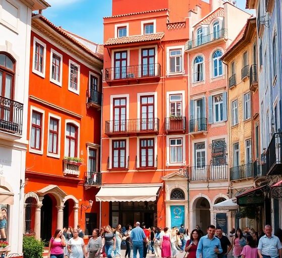 Colorful buildings and lively streets in Lisbon, Portugal.