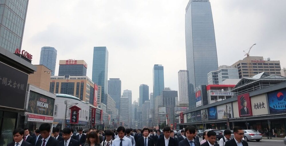 Seoul cityscape with busy streets and cloudy sky.