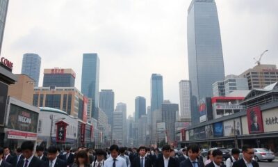 Seoul cityscape with busy streets and cloudy sky.