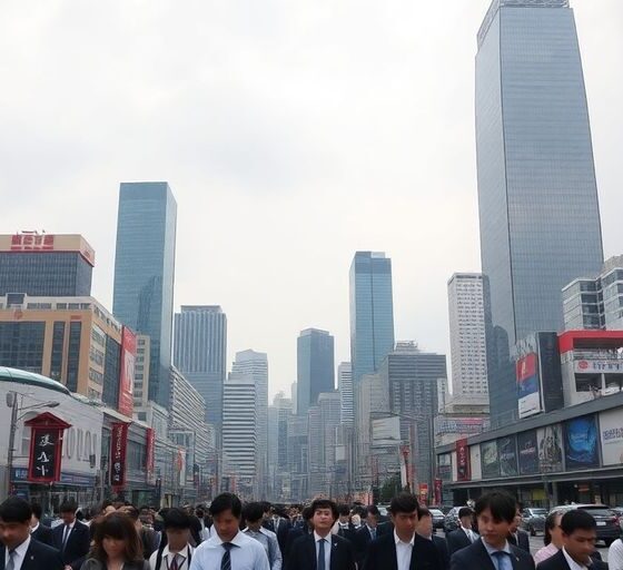 Seoul cityscape with busy streets and cloudy sky.