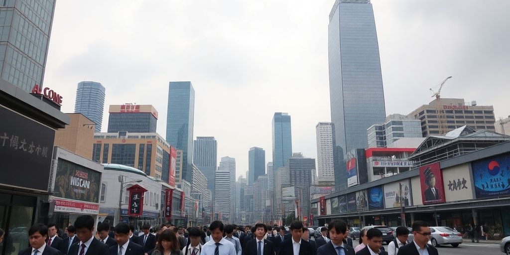 Seoul cityscape with busy streets and cloudy sky.