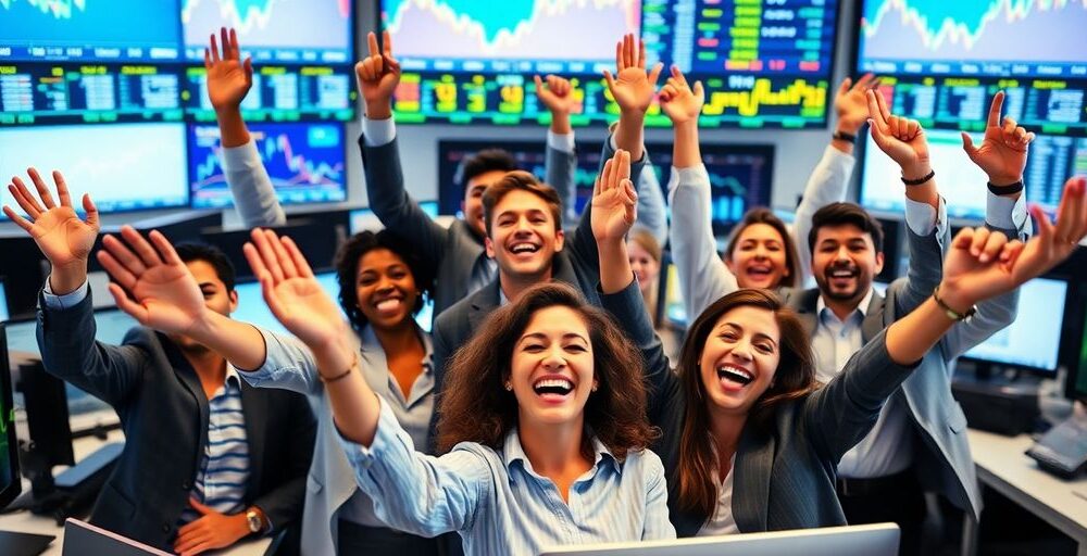 Business professionals celebrating stock market success in an office.