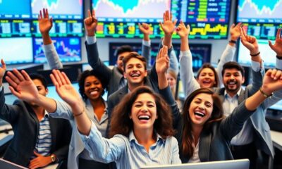 Business professionals celebrating stock market success in an office.