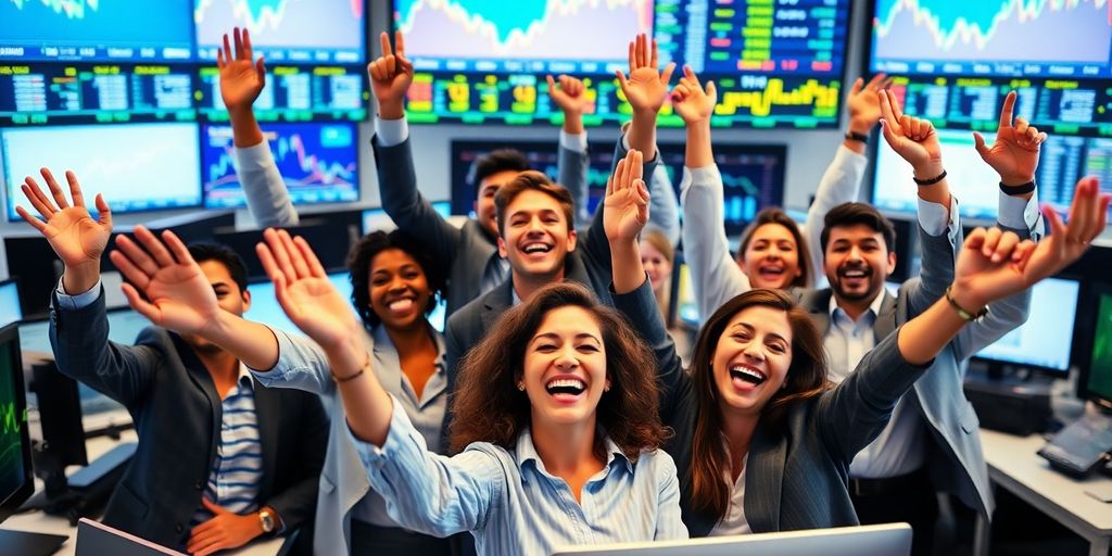 Business professionals celebrating stock market success in an office.