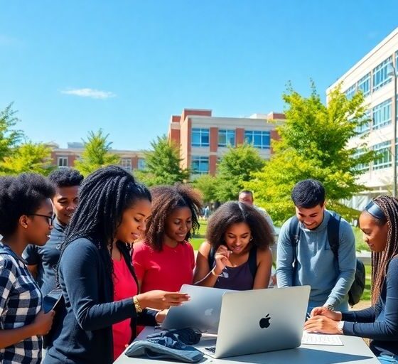 HBCU students collaborating in a tech innovation setting.