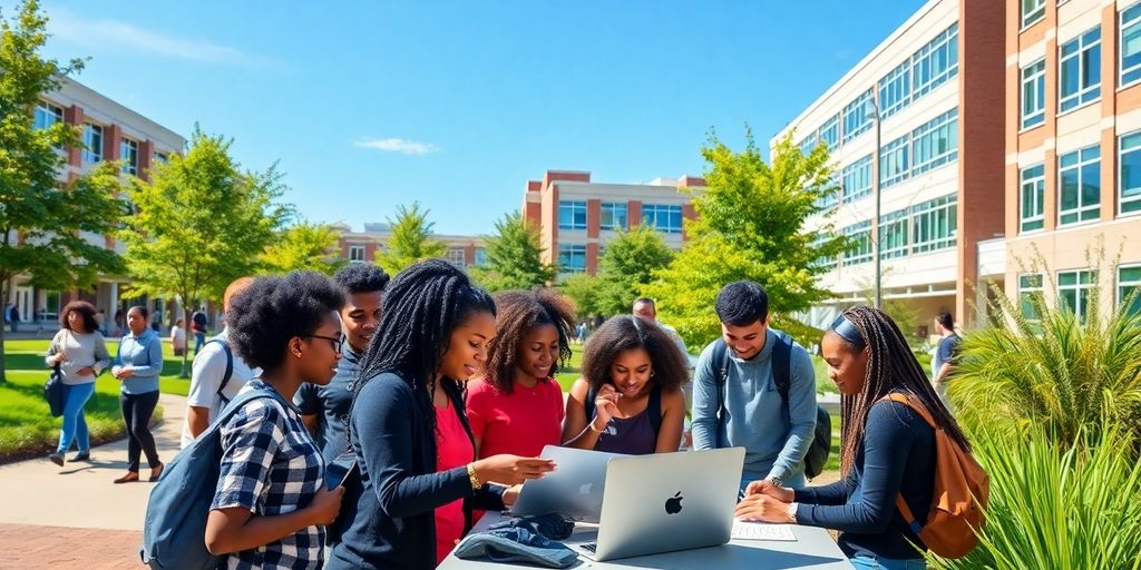 HBCU students collaborating in a tech innovation setting.