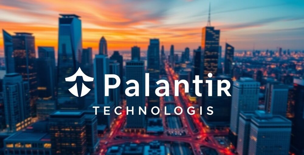 Palantir Technologies logo against a city skyline backdrop.