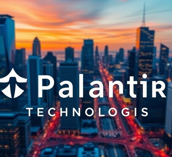 Palantir Technologies logo against a city skyline backdrop.