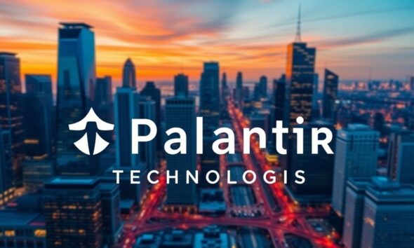 Palantir Technologies logo against a city skyline backdrop.