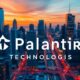 Palantir Technologies logo against a city skyline backdrop.