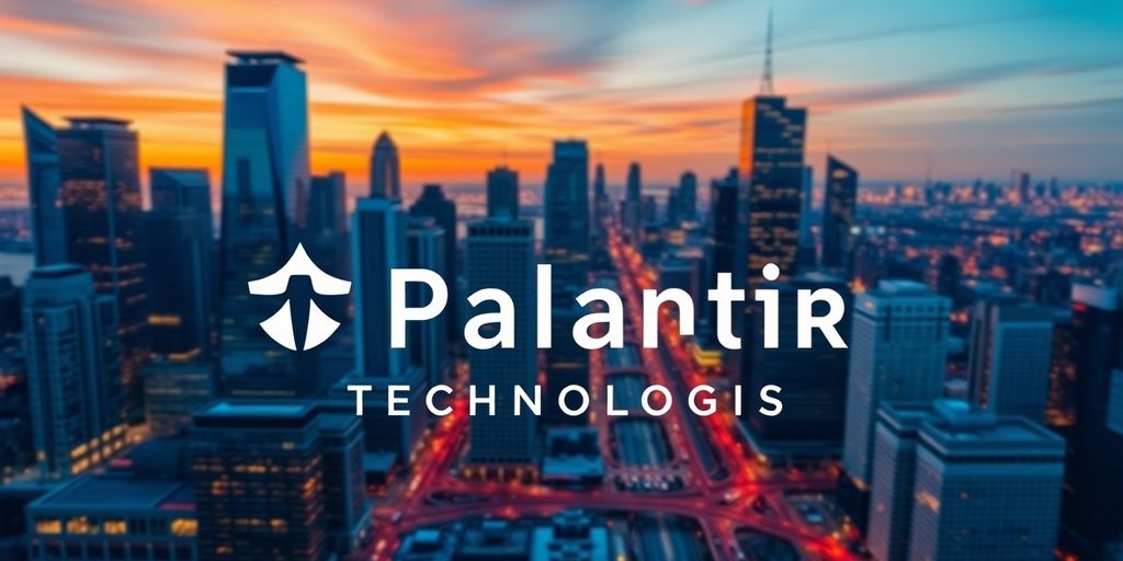 Palantir Technologies logo against a city skyline backdrop.