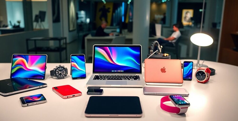 Colorful tech gadgets on a stylish modern desk.