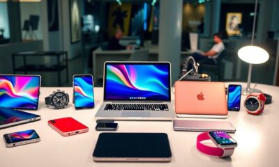 Colorful tech gadgets on a stylish modern desk.