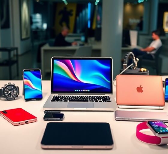 Colorful tech gadgets on a stylish modern desk.