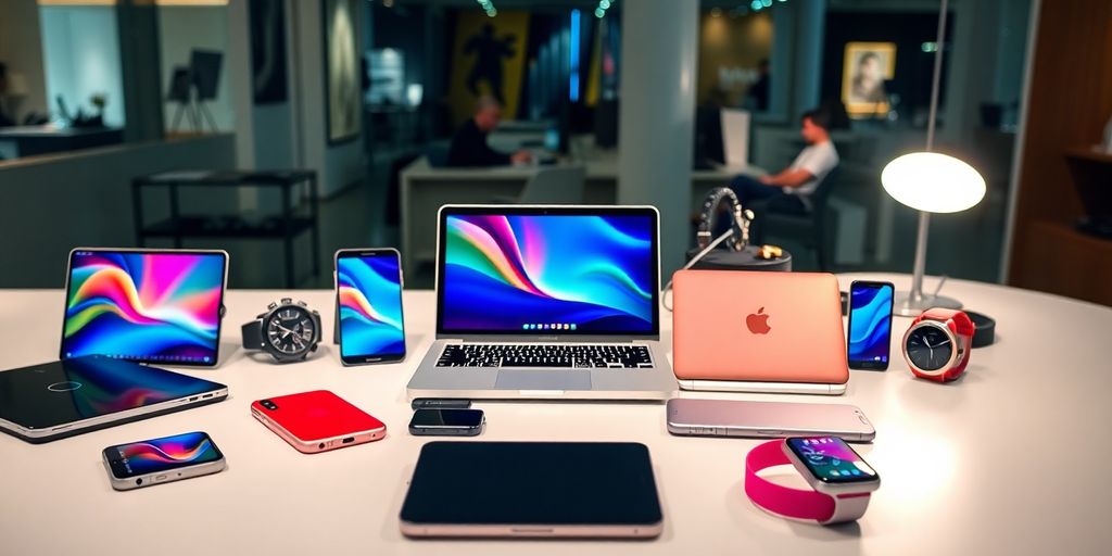 Colorful tech gadgets on a stylish modern desk.