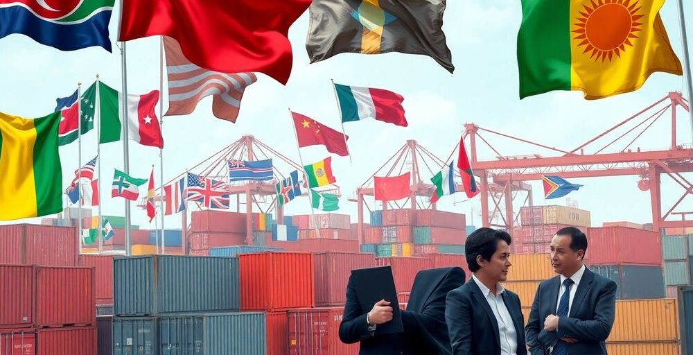 Global market scene with flags and busy port activity.