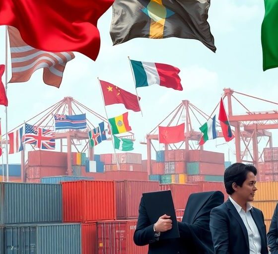 Global market scene with flags and busy port activity.