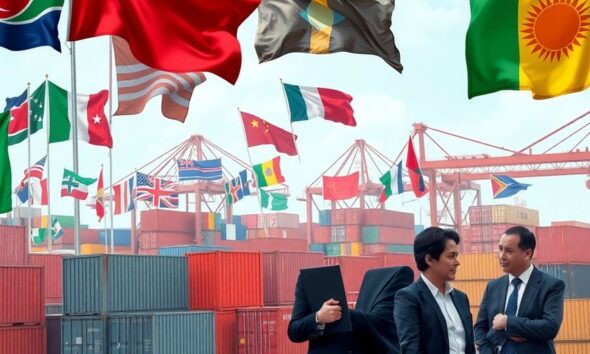 Global market scene with flags and busy port activity.